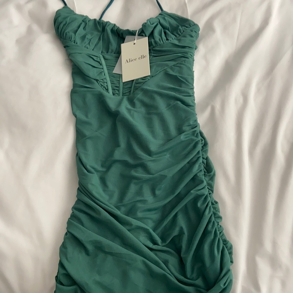 Green corset midi dress with slit. Super flattering. Brand new